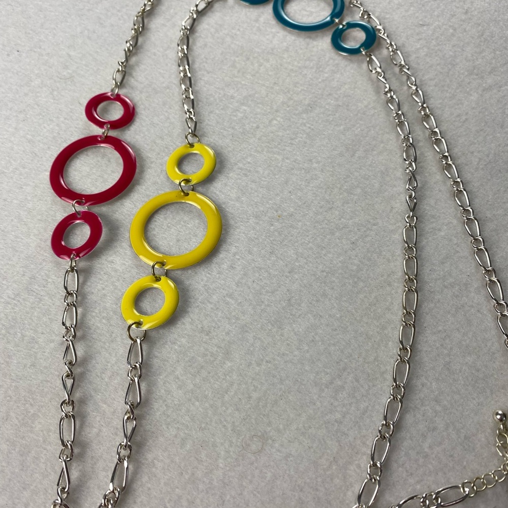 Colorful Circle Pendant Necklace Extra long for layering 42” Silver tone